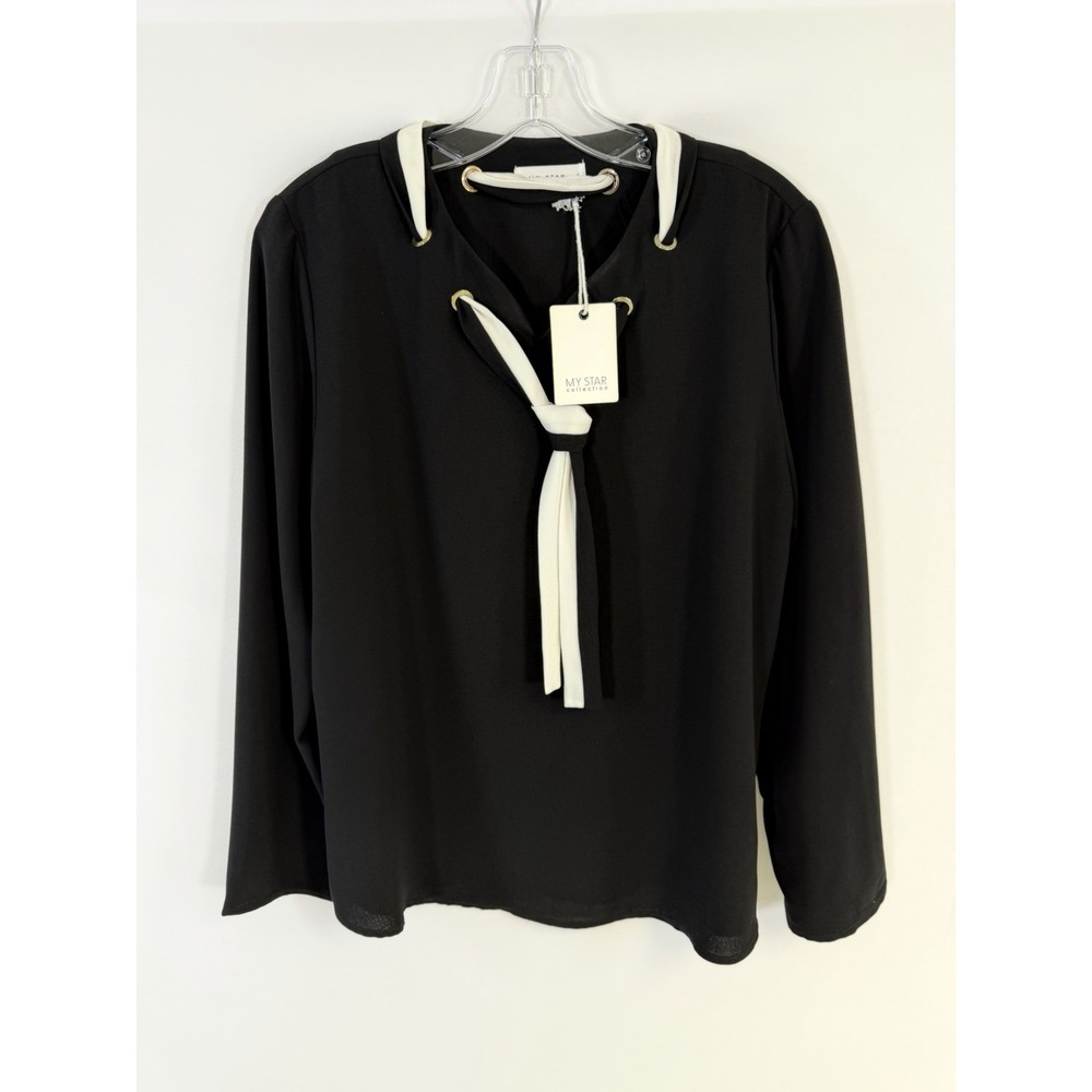 My Star Black White Contrast Trim Tie Front Long Sleeve Blouse Sz S NWT Career